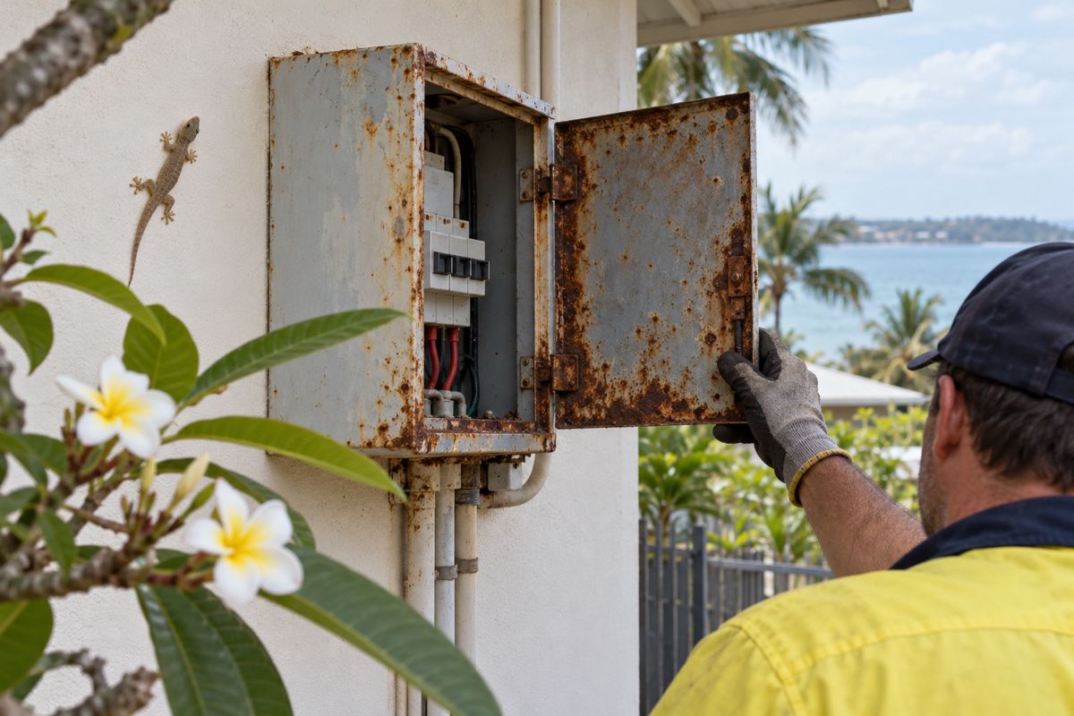 Corroded outdoor meter box on a coastal Darwin house