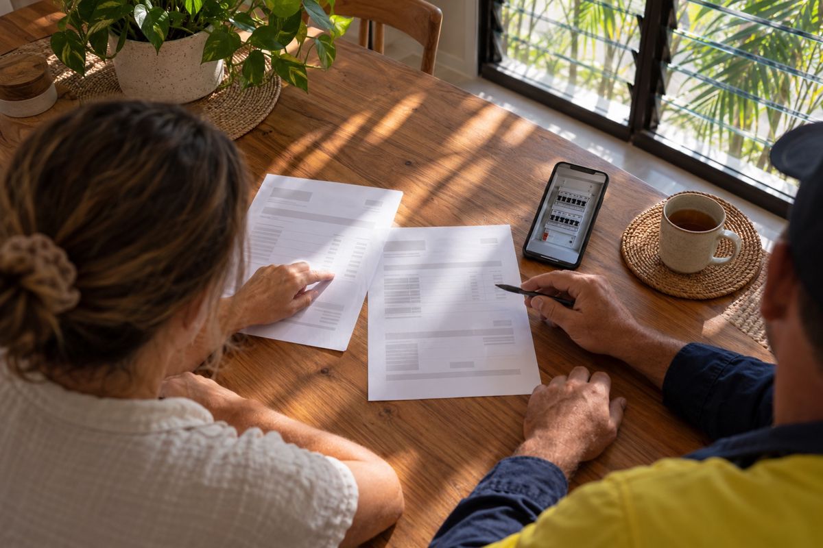 Homeowner comparing written quotes at a kitchen table in Darwin