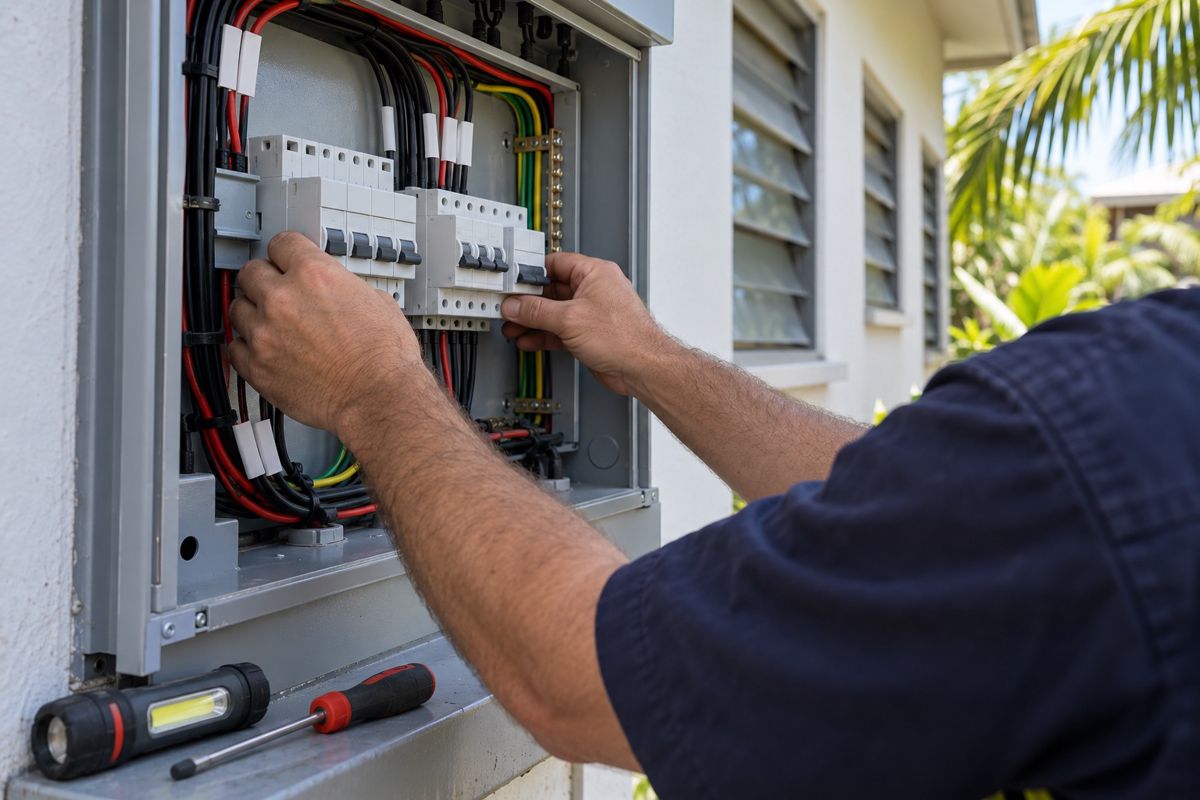 Hands fitting breakers into a new switchboard on a Darwin house