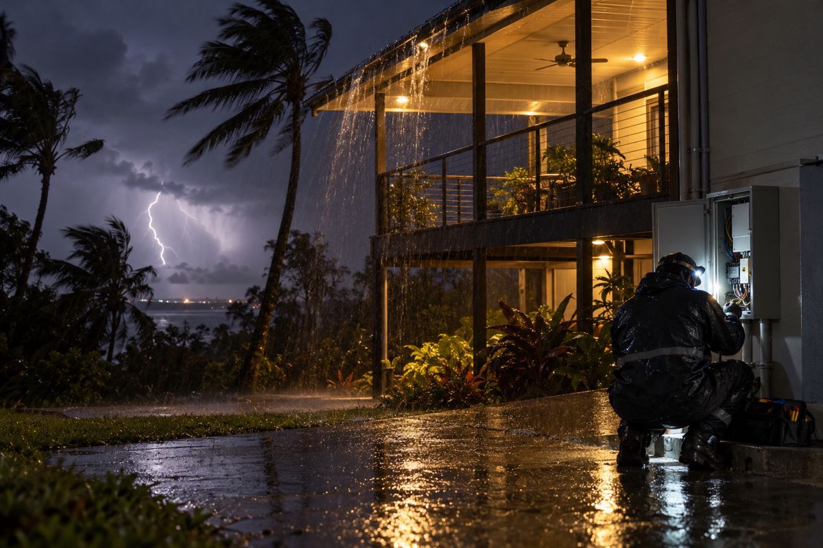Electrician using a torch at an outdoor switchboard during a storm