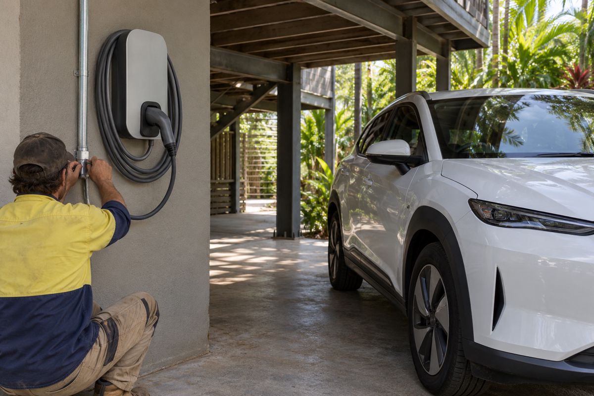 Wall-mounted EV charger installed under a raised Darwin home