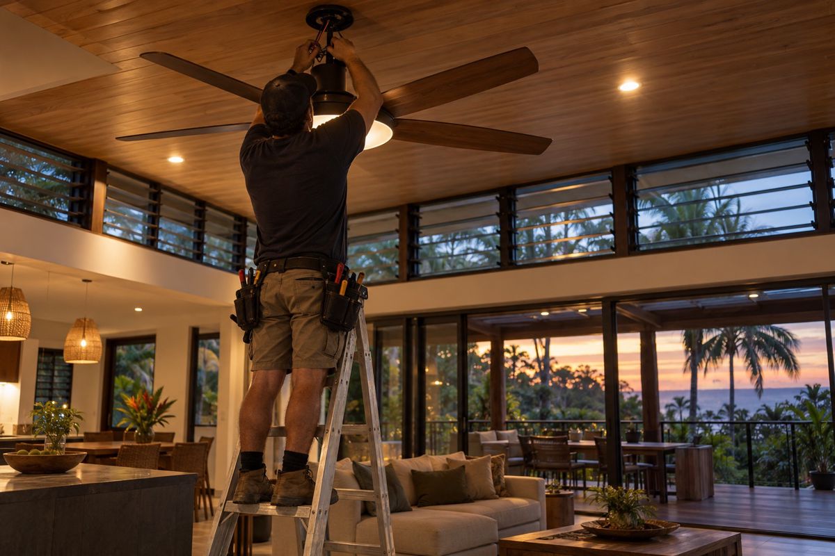 Electrician installing a ceiling fan in a Darwin living room