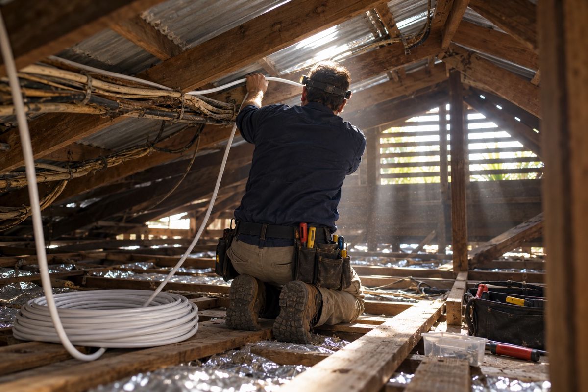 Electrician pulling new cable through a Darwin roof space